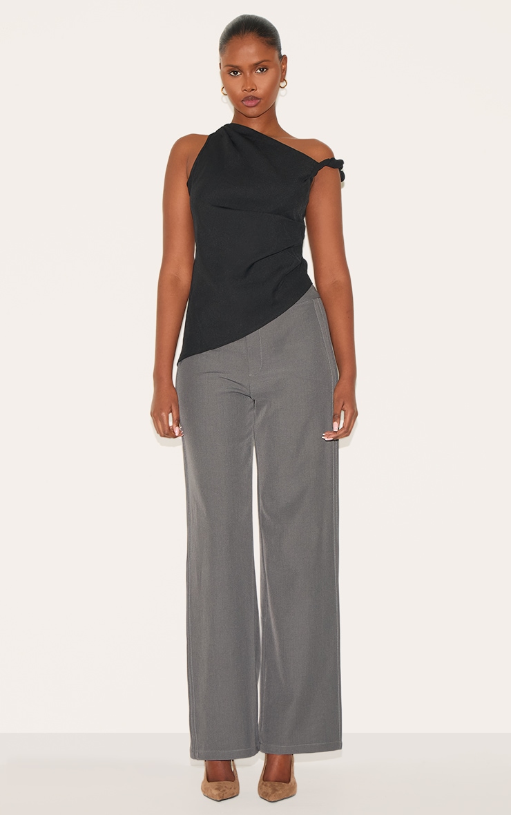 Black Woven Asymmetric Hem Ruched Long Top image 3