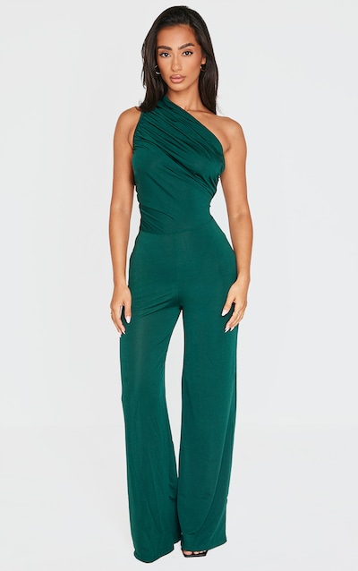 Petite Emerald Green One Shoulder Ruched Wide Leg Jumpsuit
