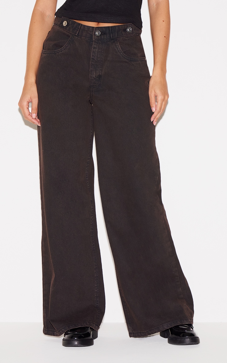 Dark Chocolate Mid Rise Button Waistband Wide Leg Jeans image 1