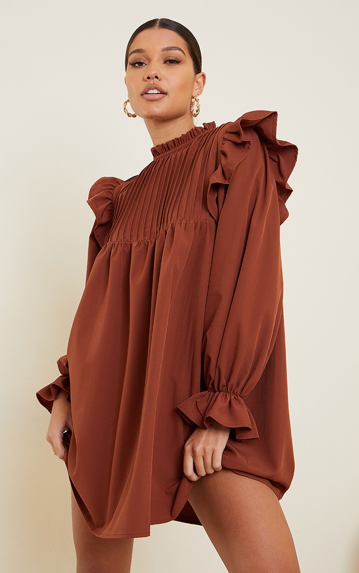 Chocolate Ruffle Binding Detail Shirt Dress