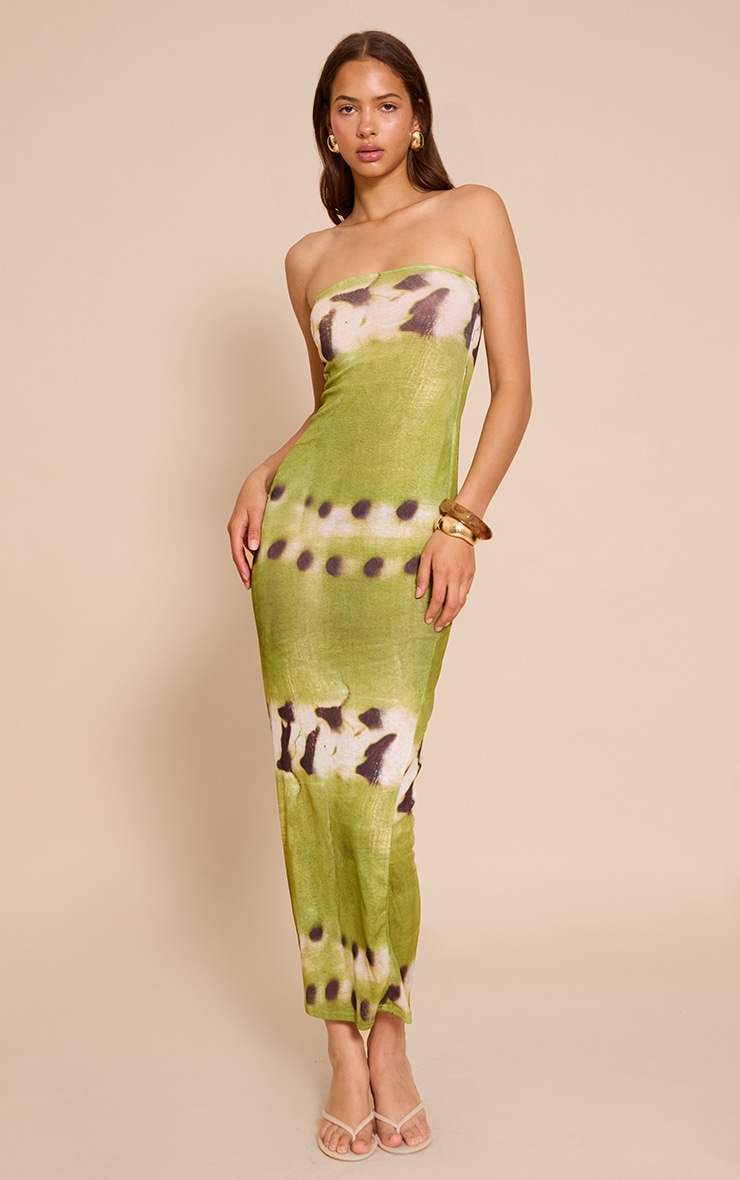 Green Printed Onion Skin Bandeau Floral Print Maxi Dress image 1