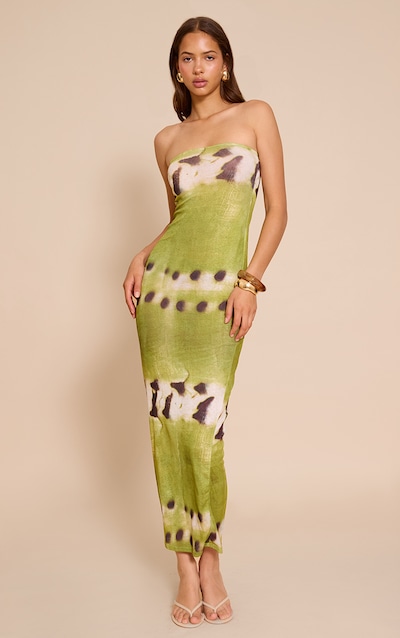 Green Printed Onion Skin Bandeau Floral Print Maxi Dress