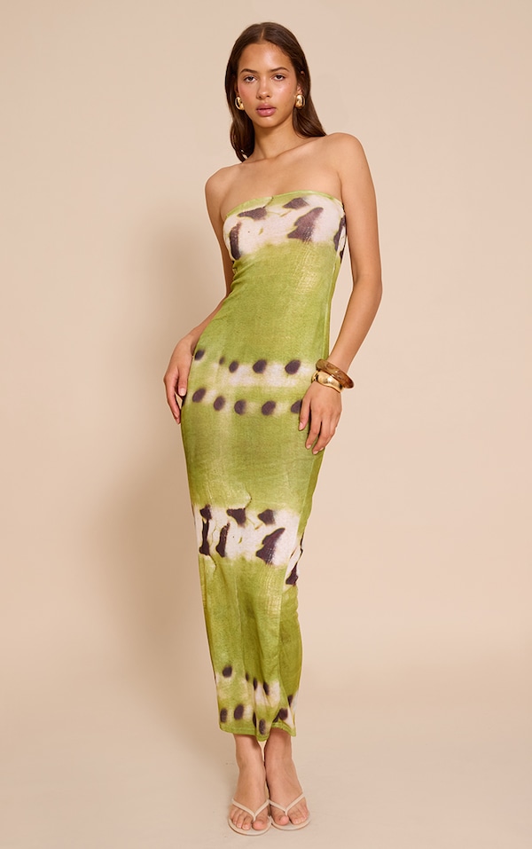 Green Printed Onion Skin Bandeau Floral Print Maxi Dress