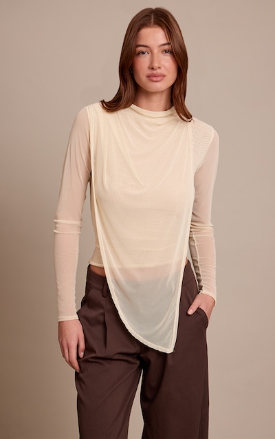 Top drapé en mesh crème à col montant et manches longues