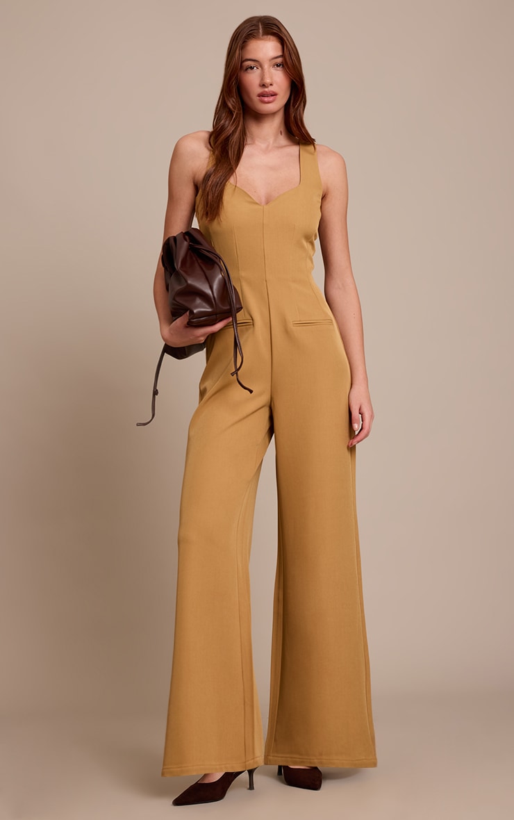 Olive Woven V Neck Pocket Detail Wide Leg Jumpsuit image 1