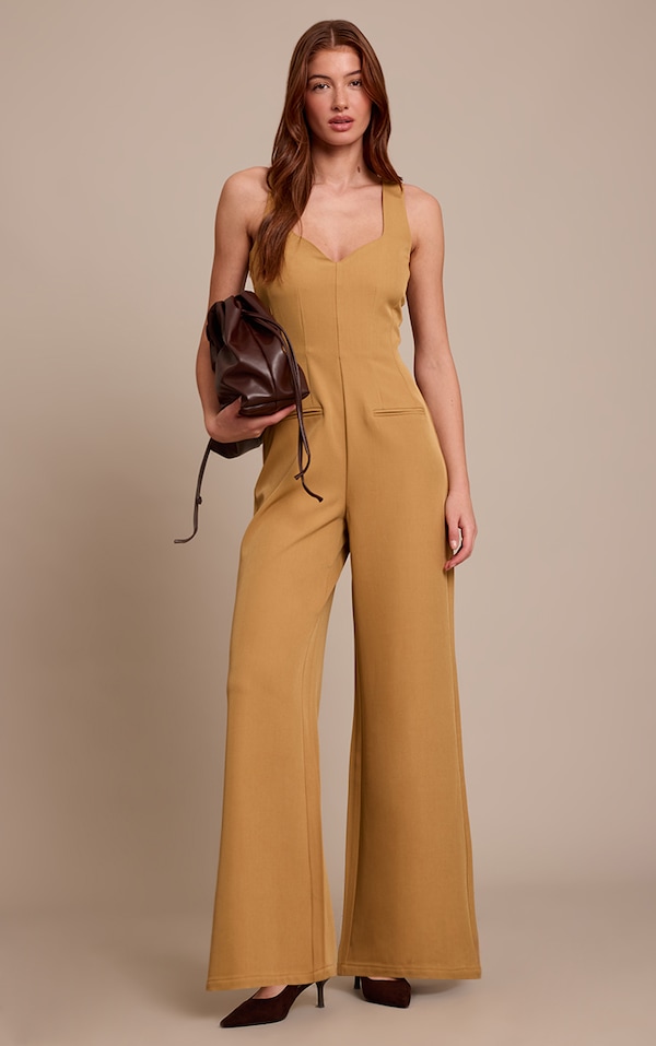 Olive Woven V Neck Pocket Detail Wide Leg Jumpsuit