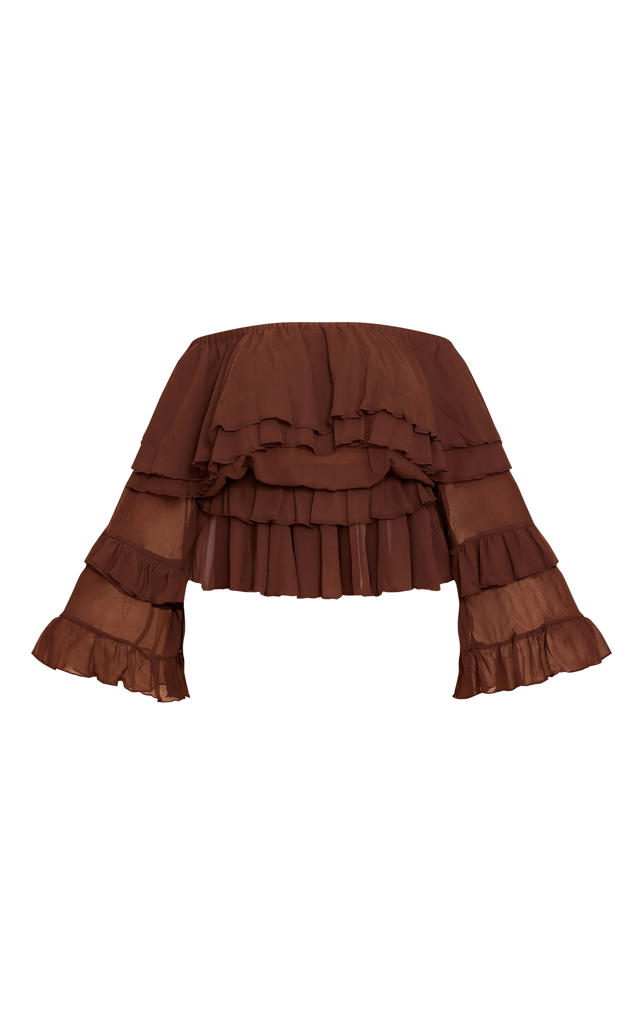 Plus Top en mousseline de soie chocolat à col bardot et étages volantés image 5