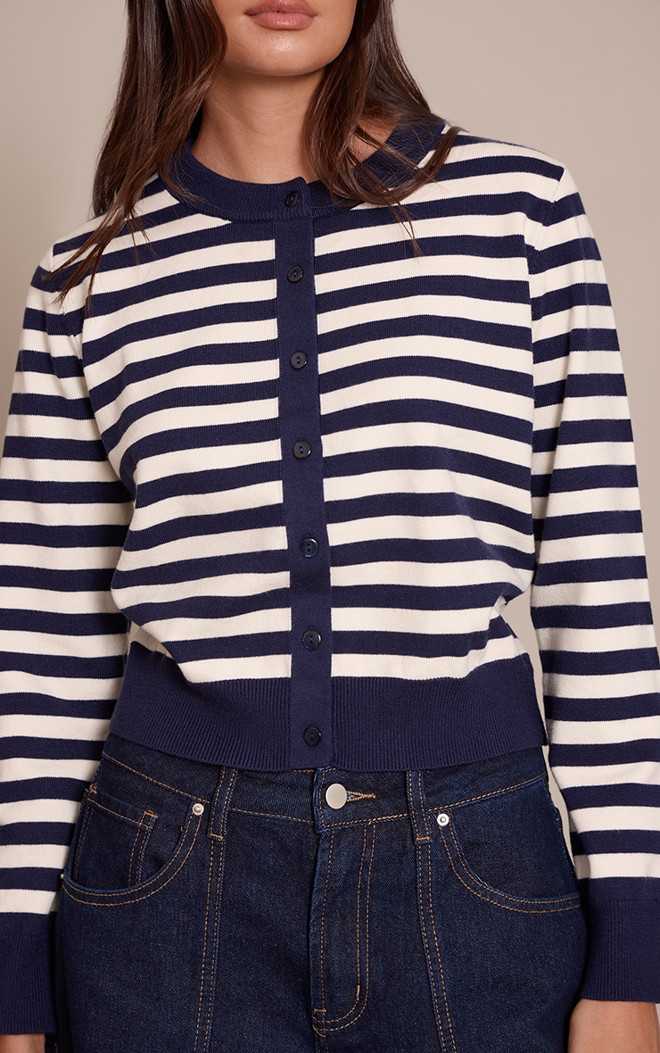 Navy Striped Button Up Compact Knit Cardigan image 4