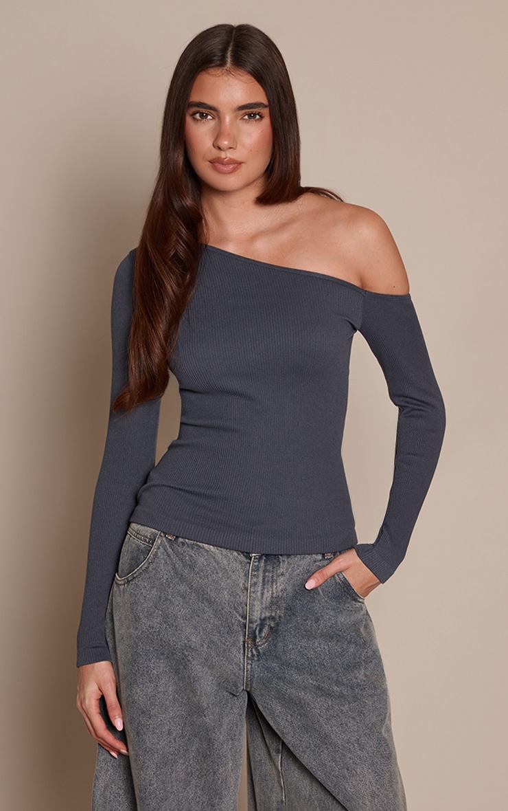 Navy Contour Rib Asymmetric Long Sleeve Top