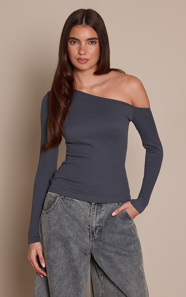 Navy Contour Rib Asymmetric Long Sleeve Top  