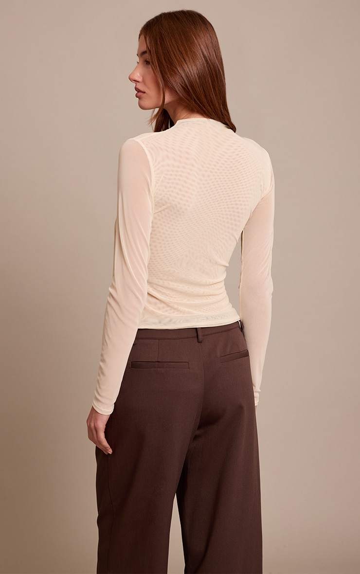 Cream High Neck Mesh Drapey Long Sleeve Top image 2