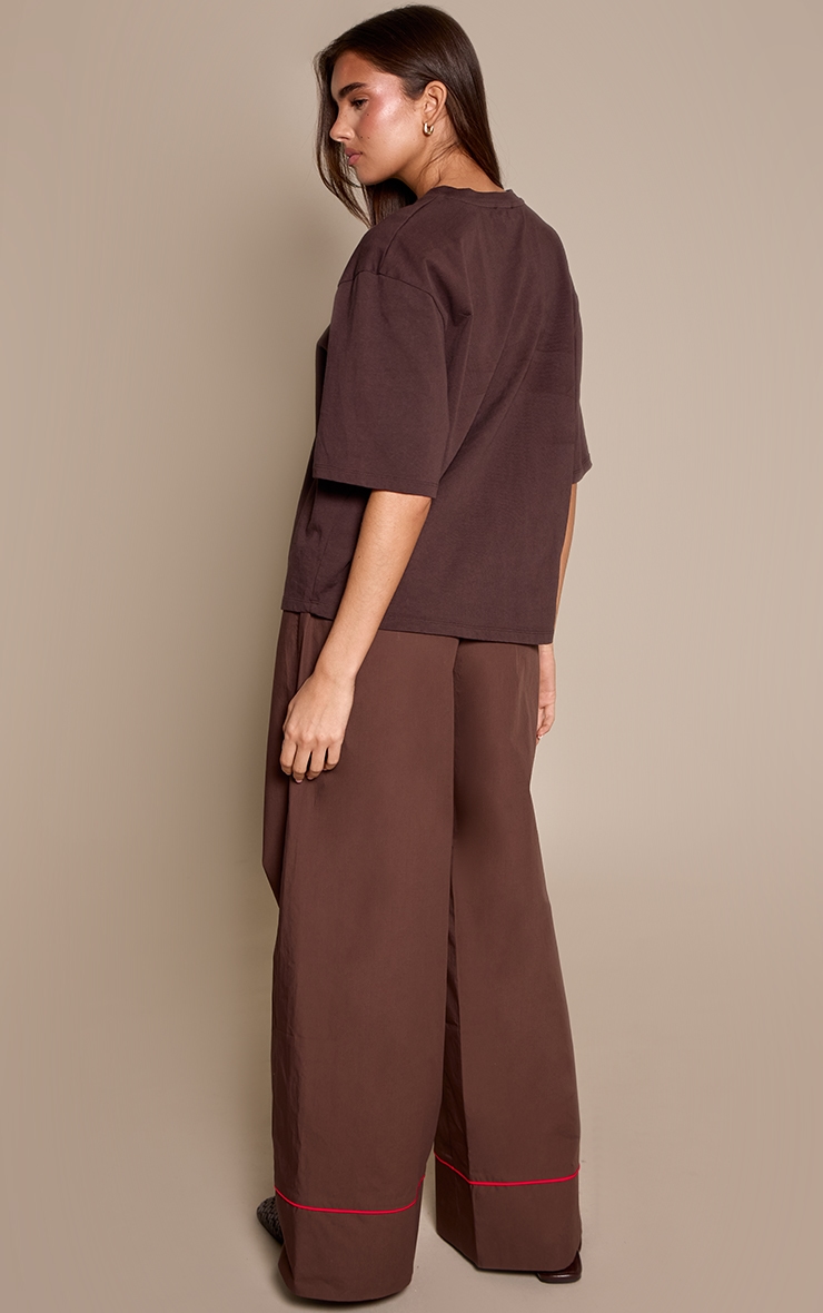 Dark Chocolate Contrast Piping Detail Wide Leg Trousers image 3