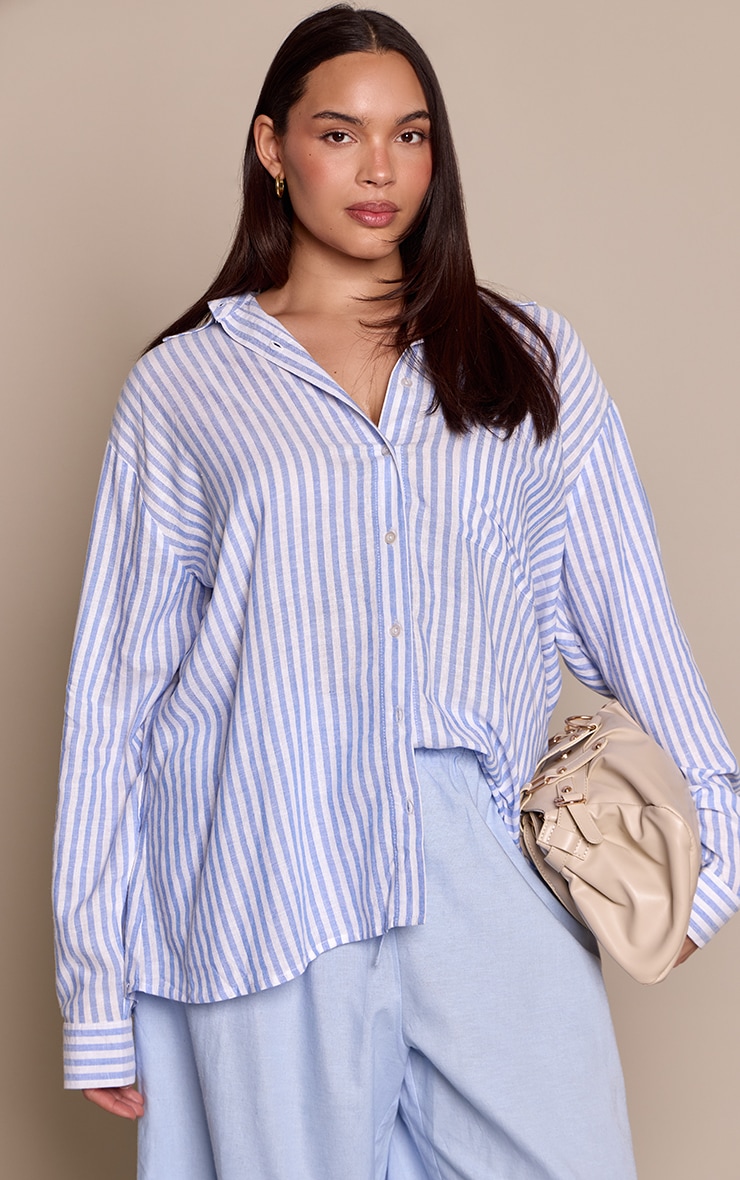 Plus Blue Striped Linen Oversized Shirt