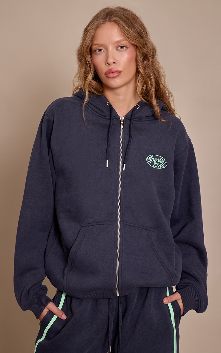 Hoodie oversize en coton polaire bleu marine imprimé "Sports Club" à zip image 1