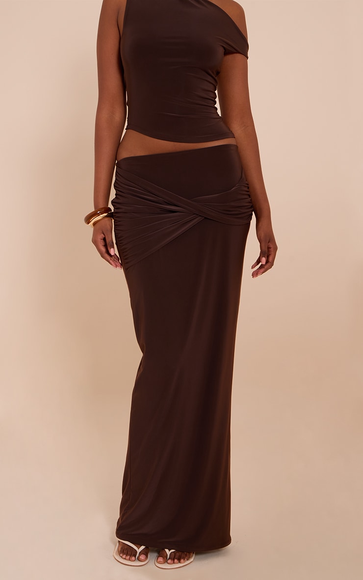 Chocolate Double Layered Twist Drape Maxi Skirt | Co-ords