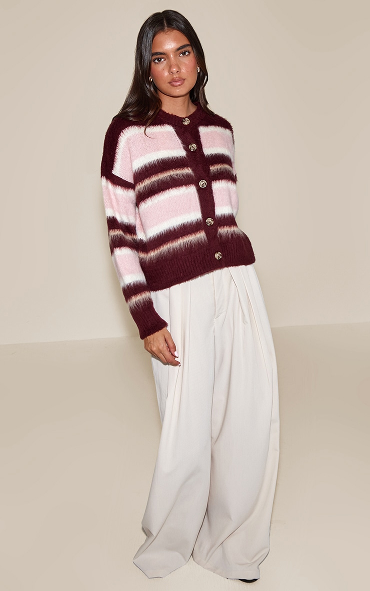 Burgundy Striped Brushed Knit Cardigan image 3