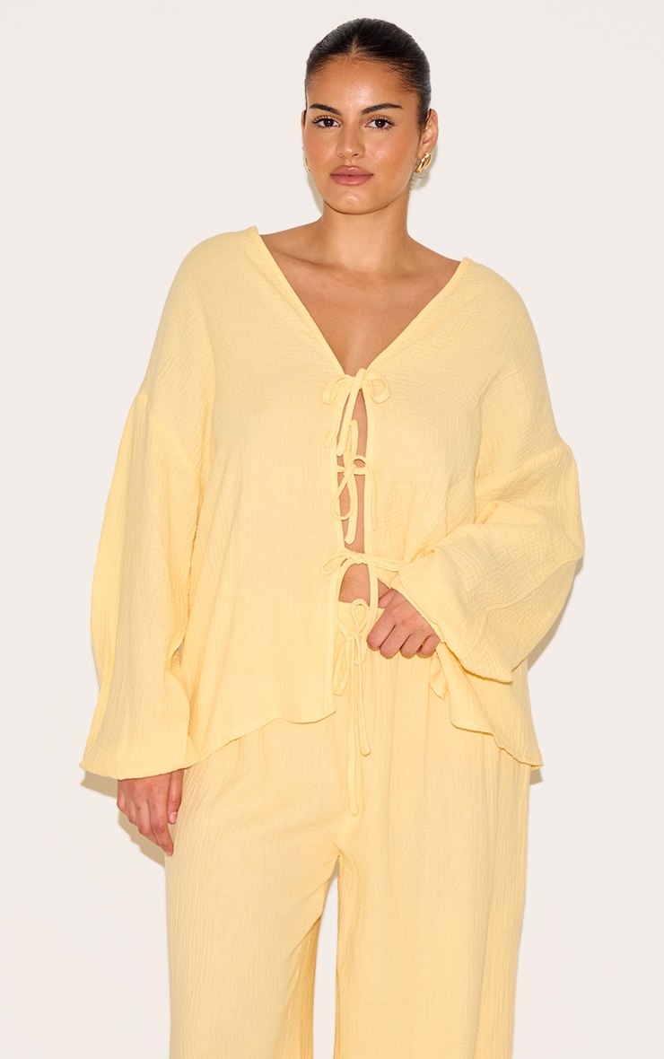 Plus Lemon Textured Cheesecloth Tie Front Shirt image 1