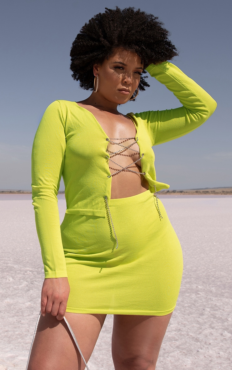 Plus Lime Diamante Lace Up Knitted Top