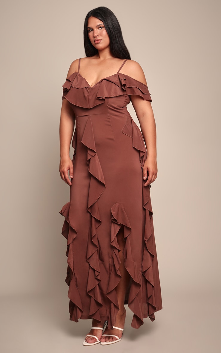 Plus Chocolate Cold Shoulder Ruffle Detail Strappy Maxi Dress image 3