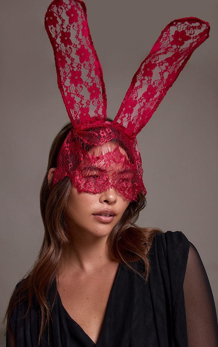 Burgundy Lace Veil Bunny Ear Headband image 1