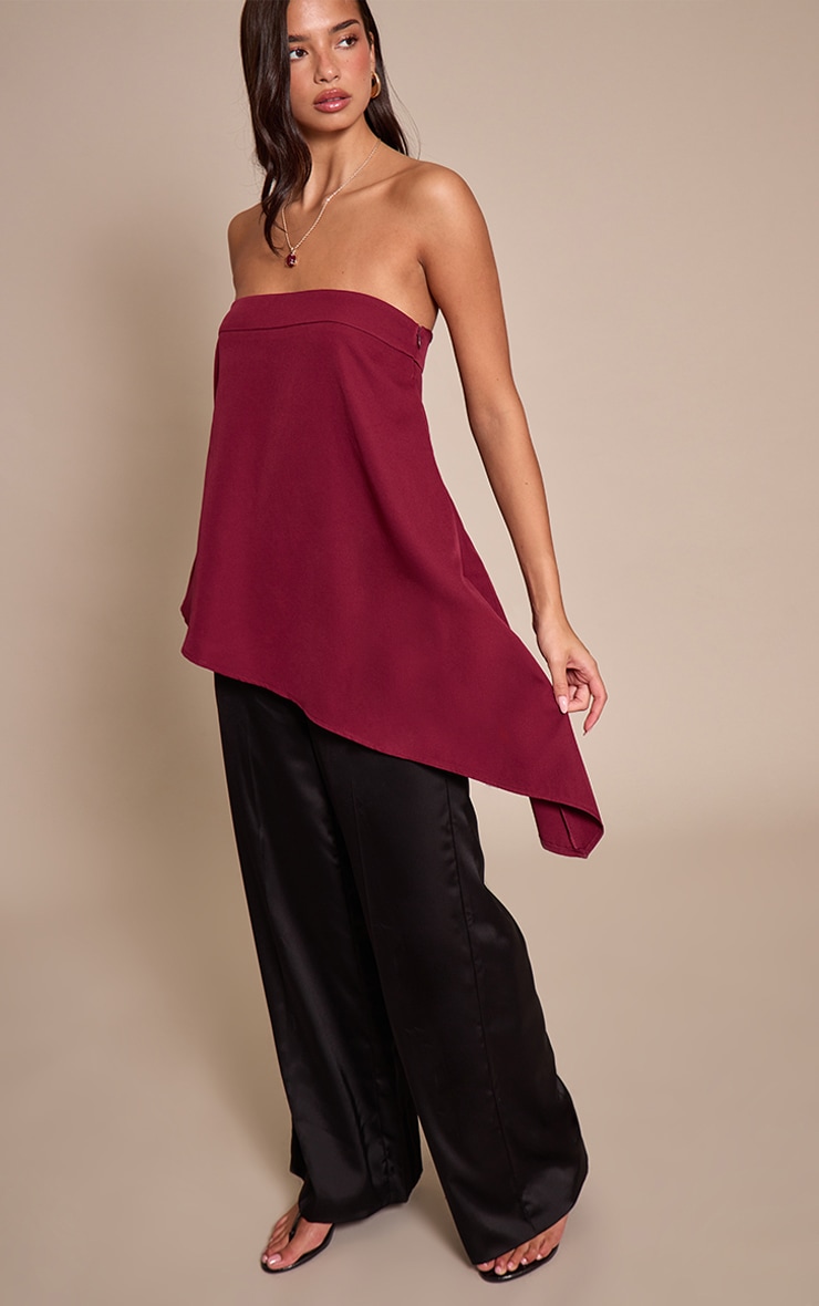 Wine Woven Bandeau Asymmetric Hem Floaty Long Top image 3