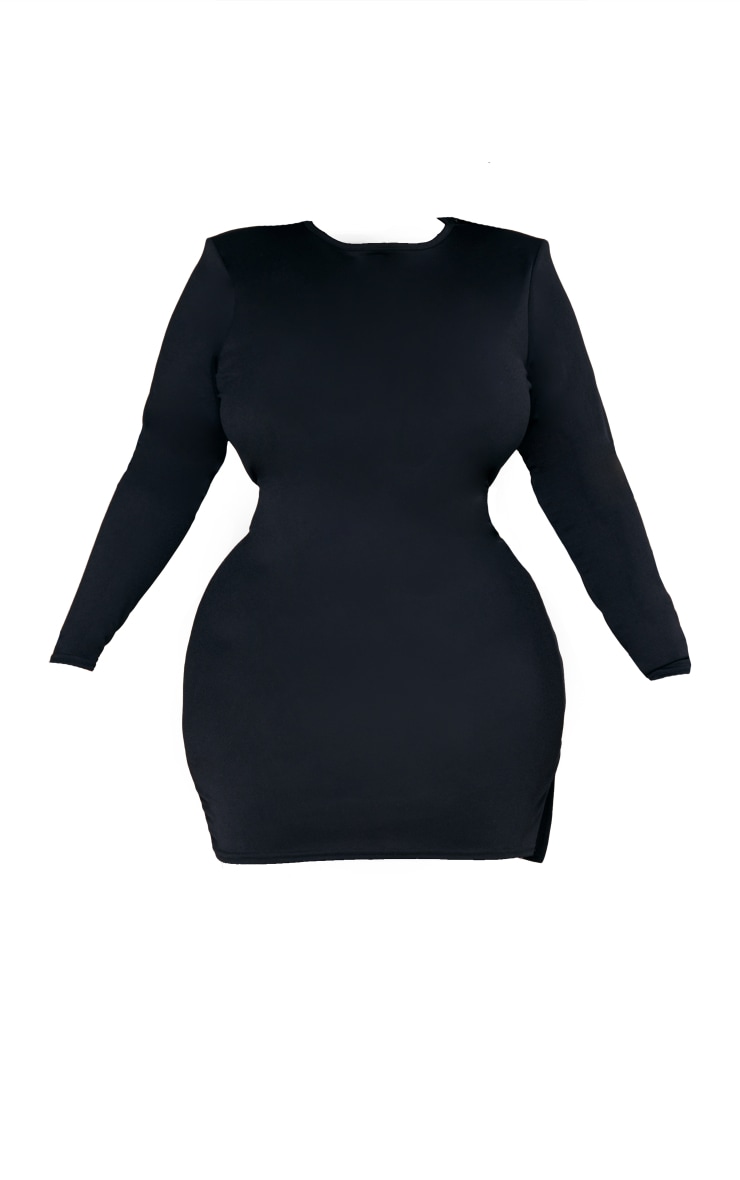 Plus Black Split Hem Shoulder Pad Bodycon Dress PrettyLittleThing
