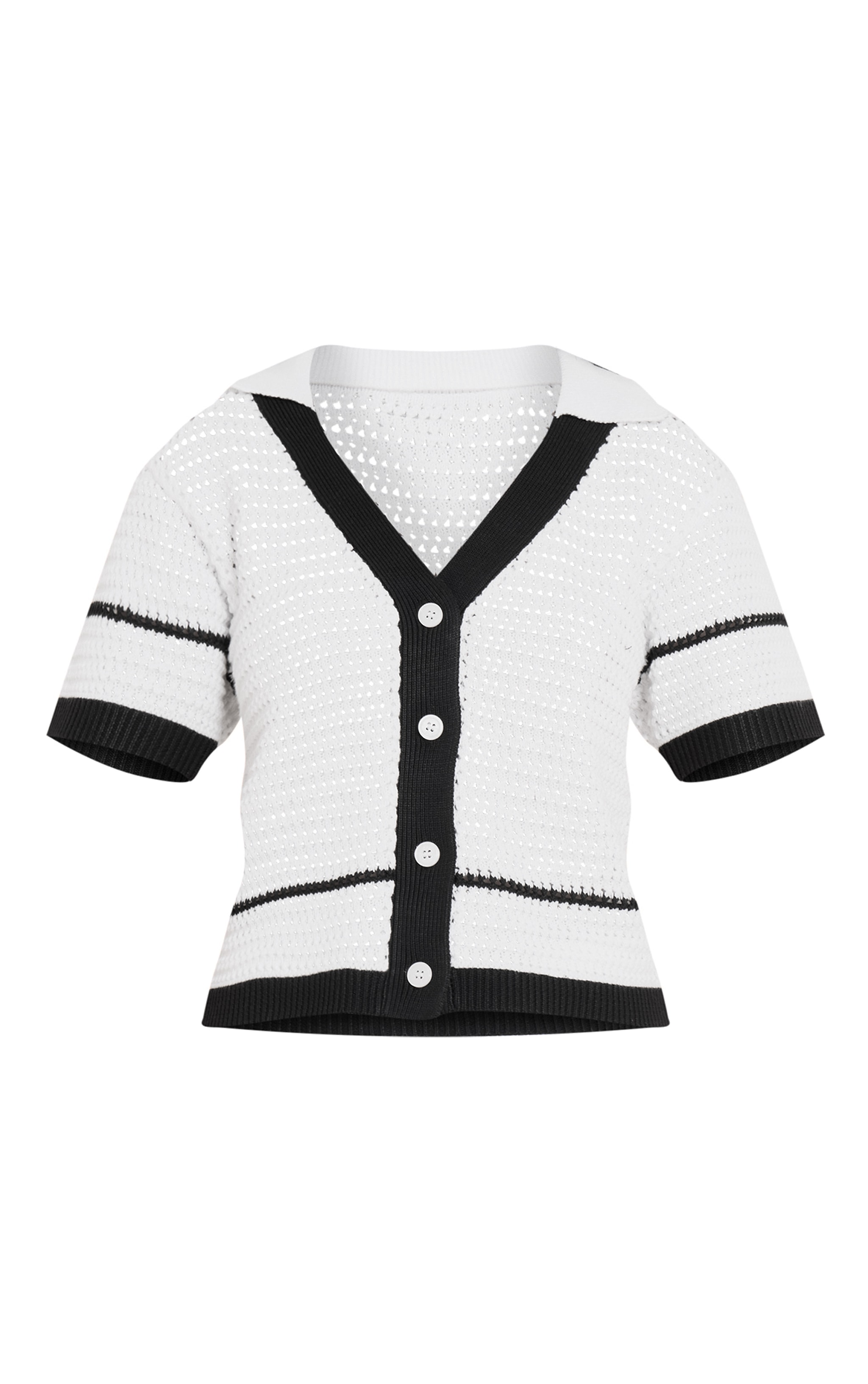 Petite White Knitted Crochet V-neck Fitted Shirt image 5