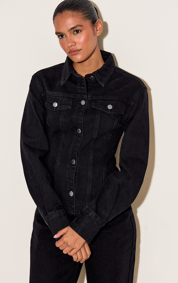 Washed Black Long Sleeve Cinch Waist Denim Jacket