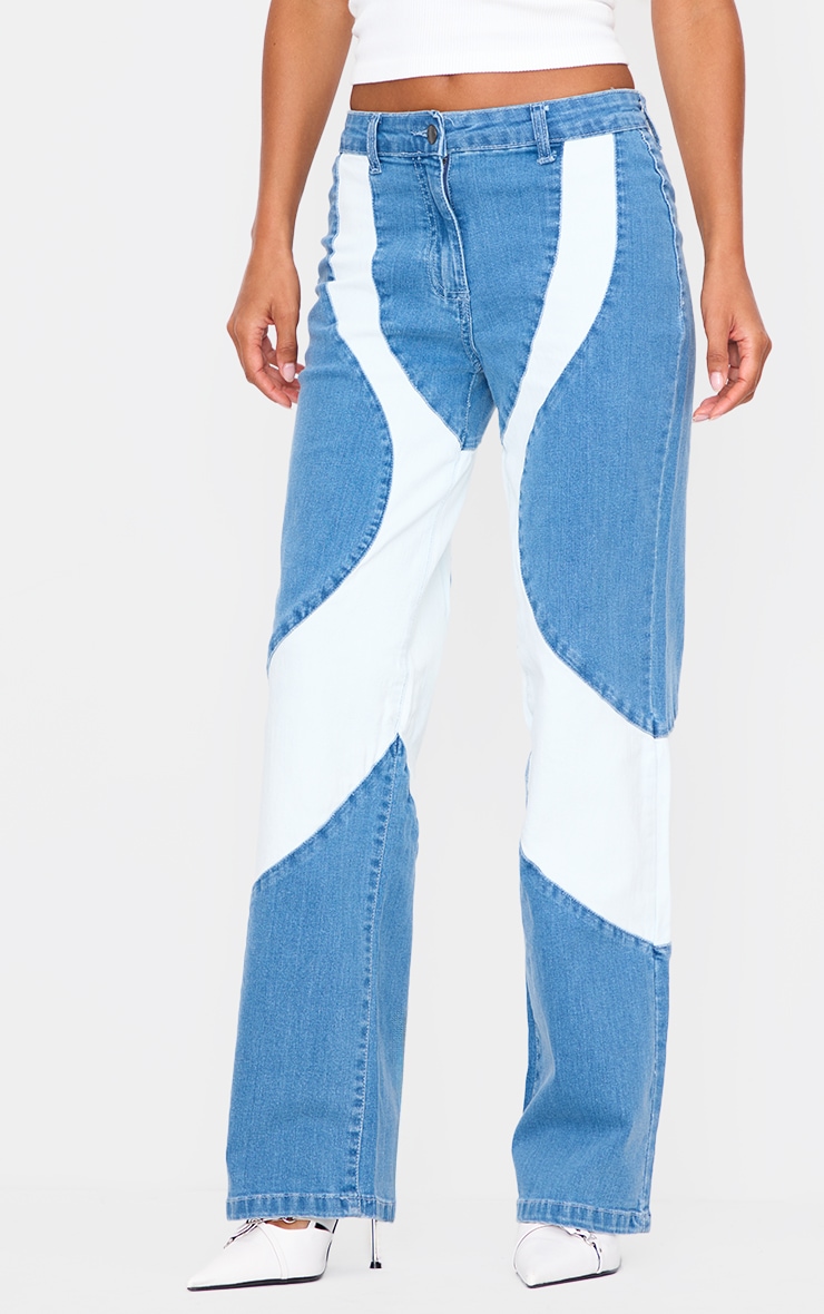 Light Blue Contrast Panel Detail Straight Leg Jeans image 2