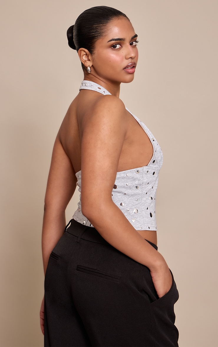 Petite Grey Halterneck Stud Detail Crop Top image 2