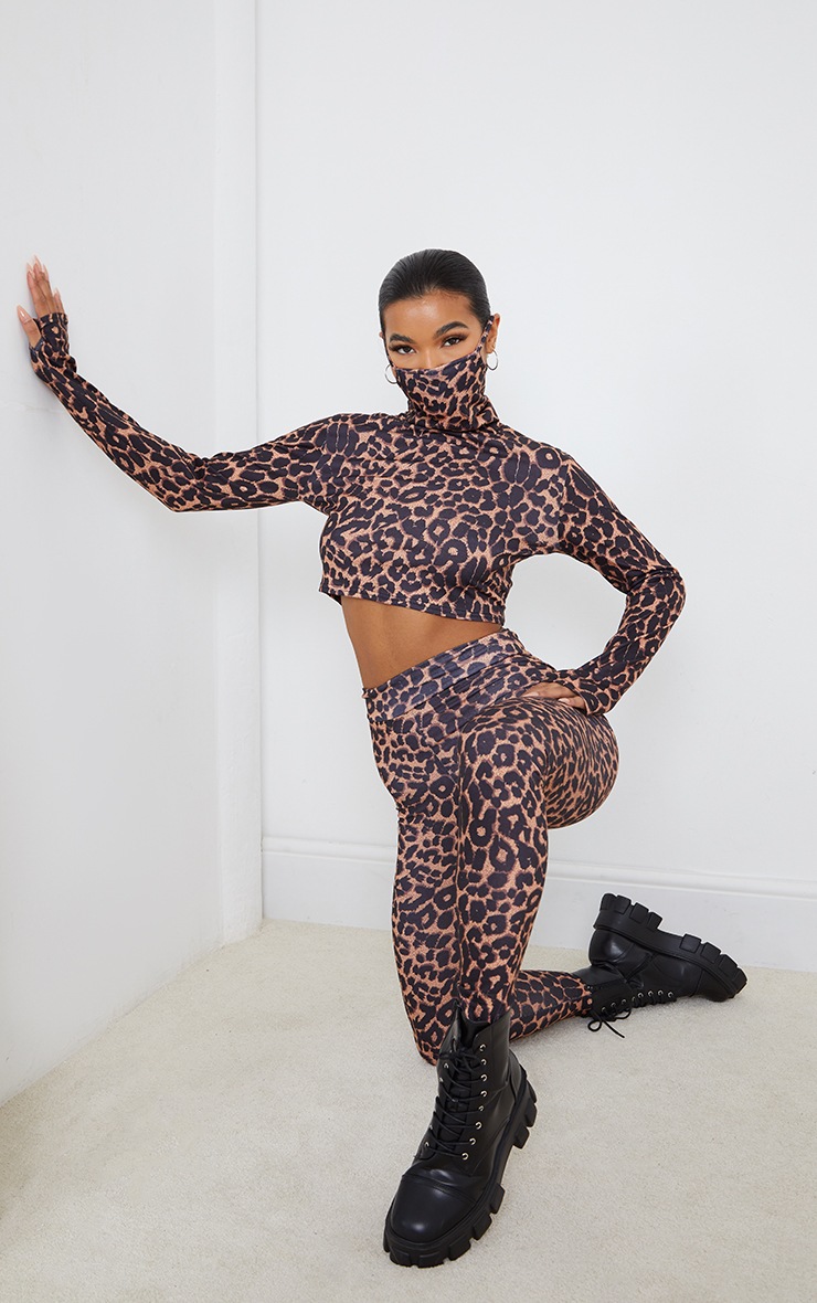 Brown Leopard Print Long Sleeve Crop Top With Built In Facemask & Leggings Set