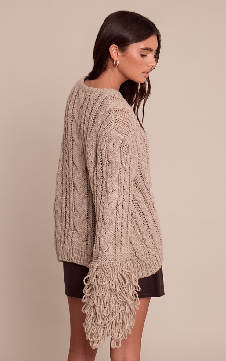 Taupe Cable Knit Loop Trim Sweater image 2