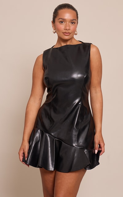 Shape Black Faux Leather Frill Detail Mini Dress