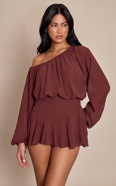 Chocolate Chiffon One Shoulder Floaty Detail Skort Playsuit