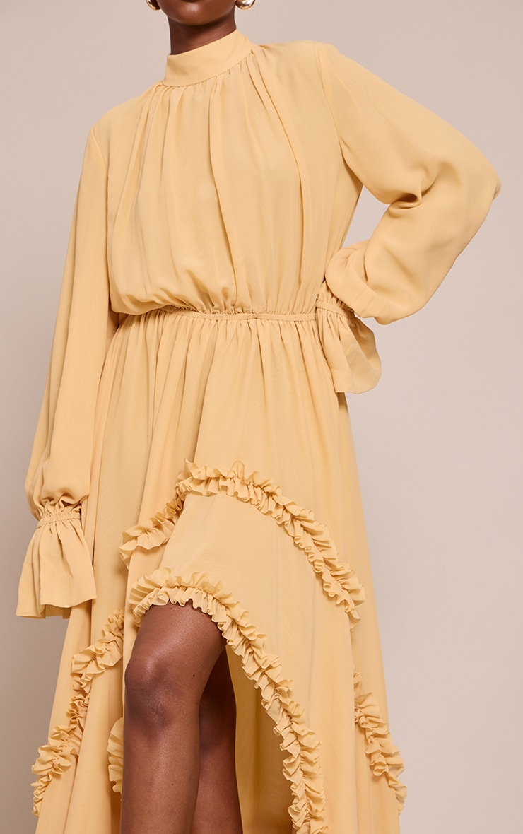 Mustard Chiffon High Neck Frill Detail Maxi Dress image 4