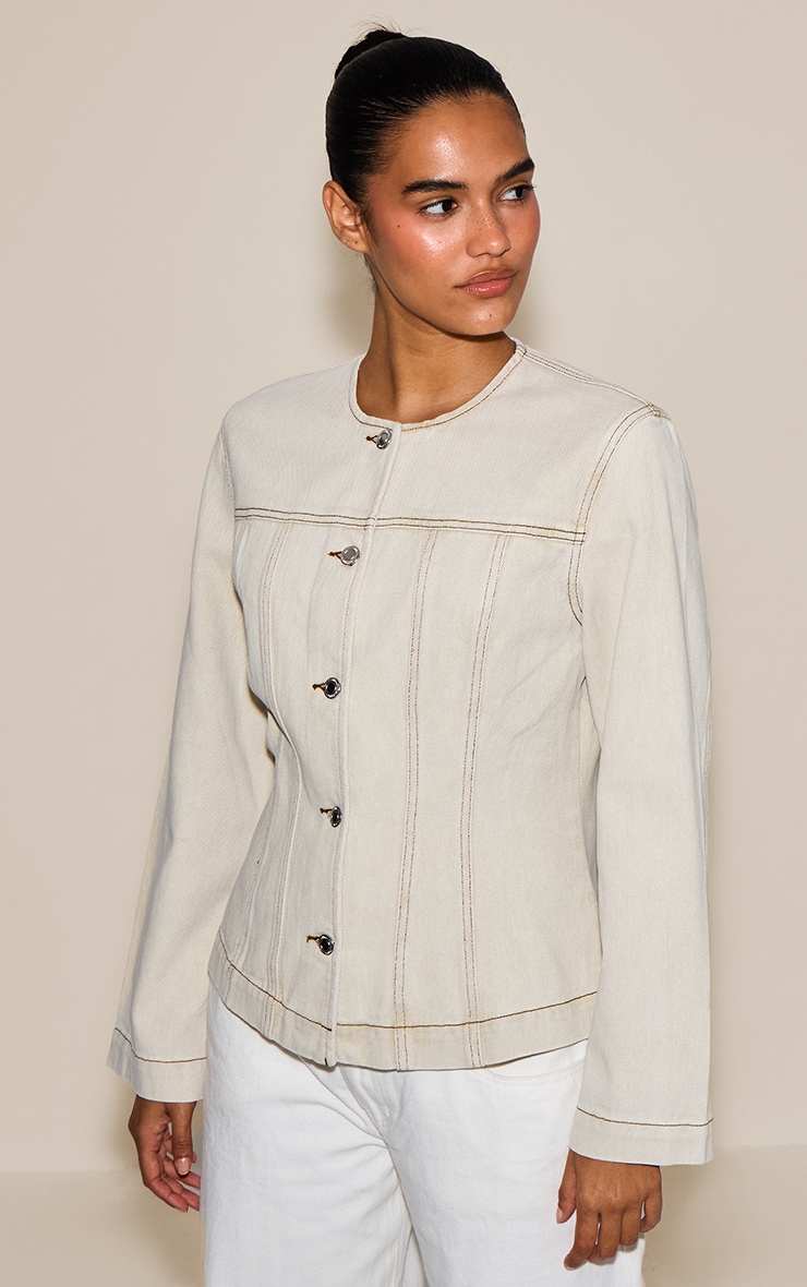 Washed Stone Cinched Long Sleeve Denim Jacket image 3