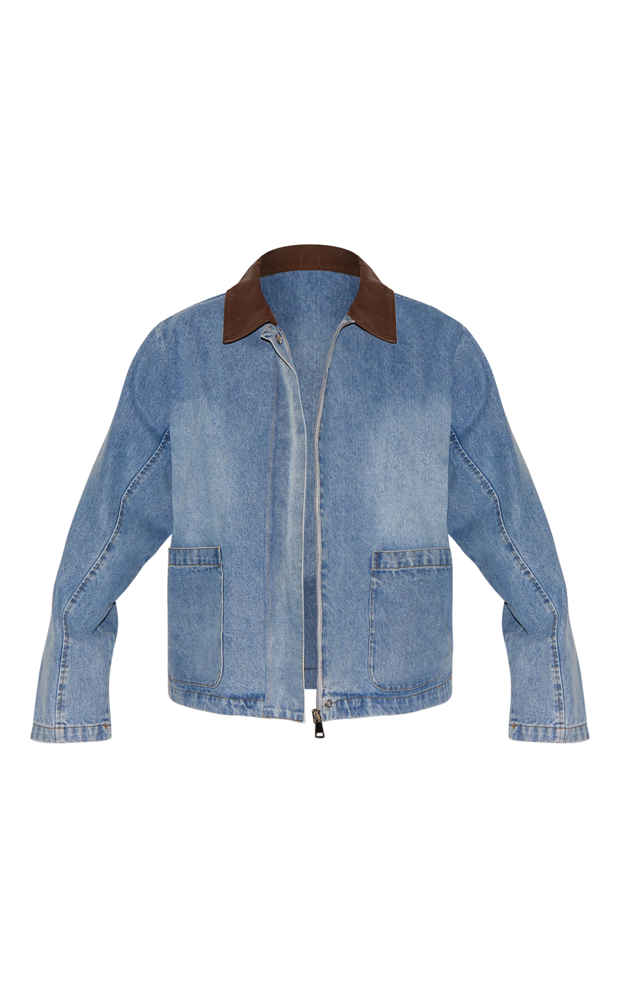 Plus Light Vintage Blue Faux Leather Collar Denim Jacket image 5