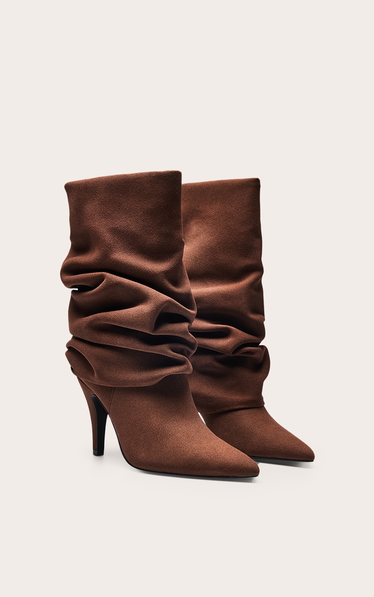 Chocolate Faux Suede Ruched Fold Over Ankle Boots image 3