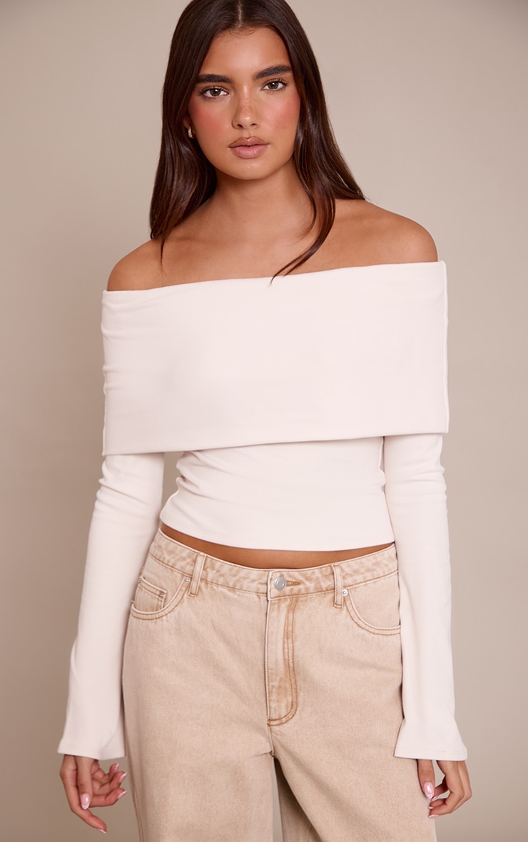 Cream Ultra Soft Deep Foldover Bardot Long Sleeve Top  image 1