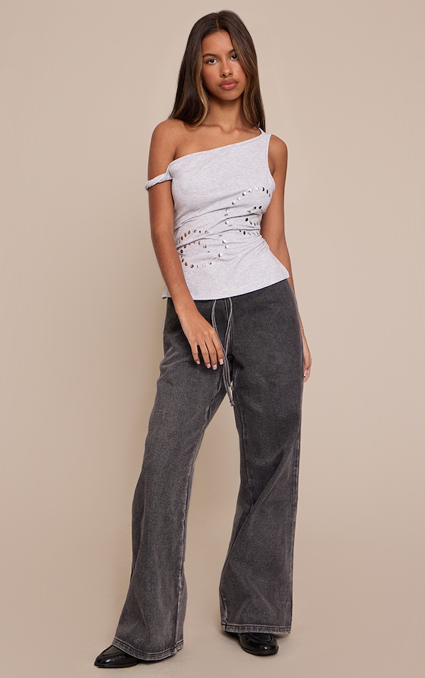 Petite Grey Wash Elasticated Tie Waist Wide Leg Jeans