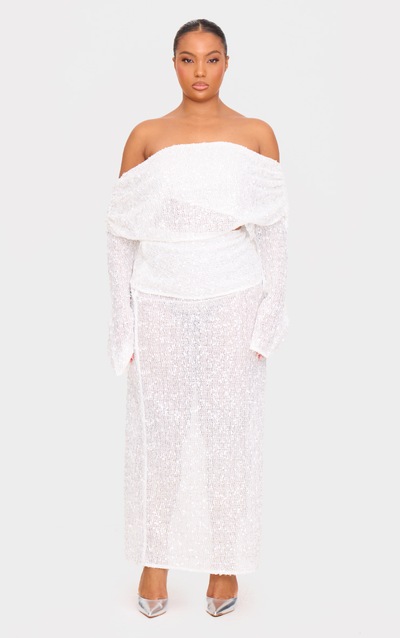 Plus White Textured Sequin Foldover Maxi Skirt