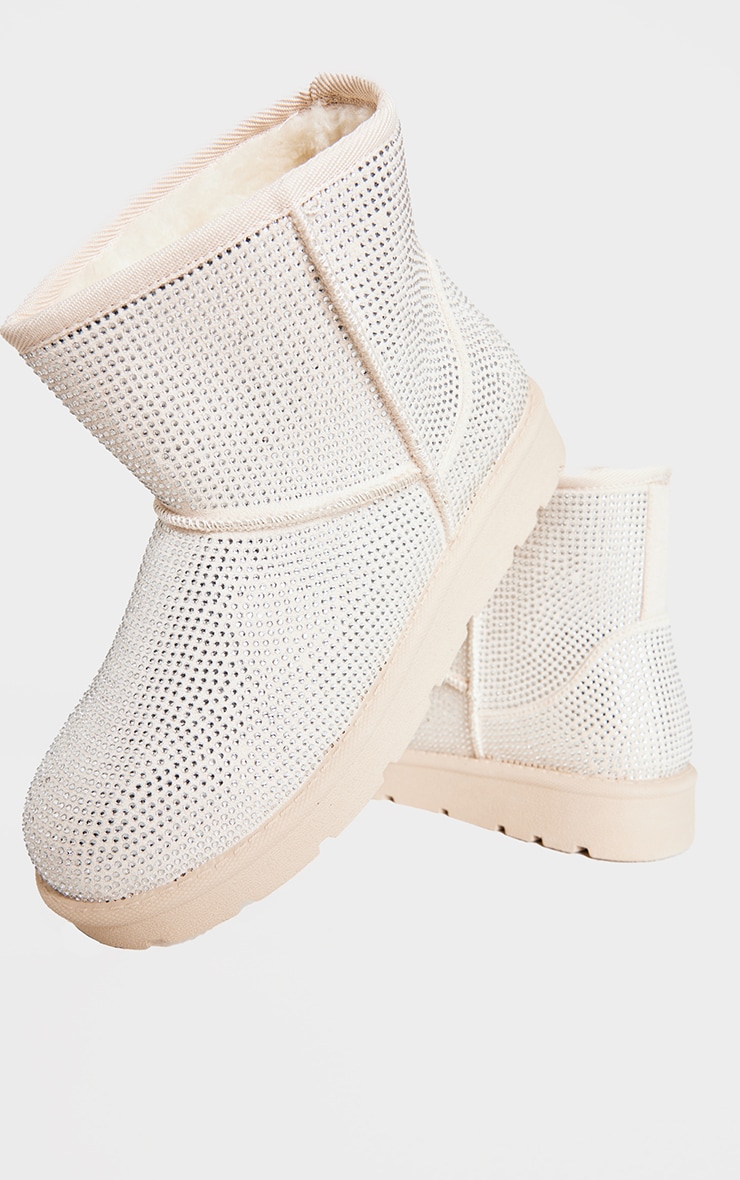 Cream Round Toe Faux Suede Diamante Ankle Boots | Footwear ...