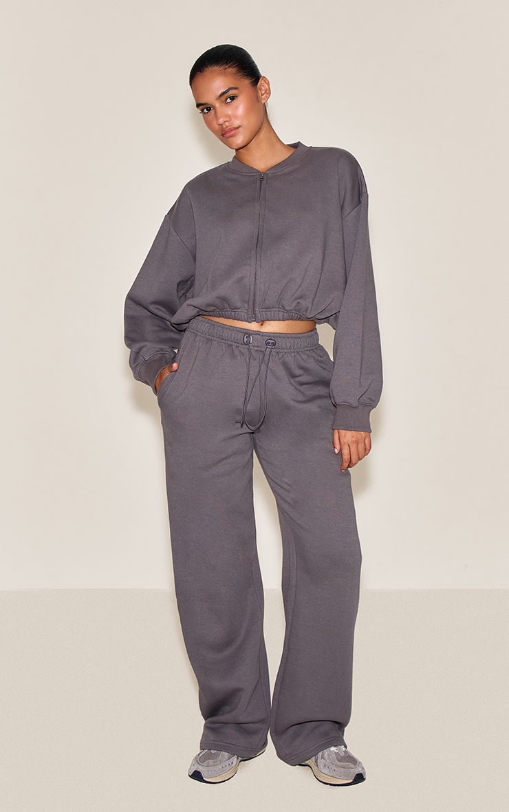  Charcoal Drawcord Waist Crop Zip Up Sweatshirt image 3