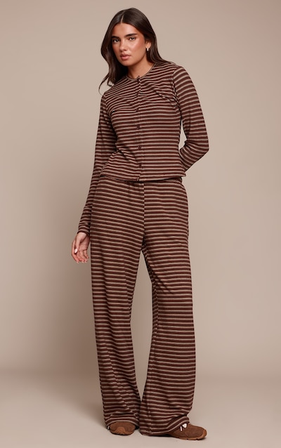 Dark Brown Soft Fleece Striped Straight Leg Pants