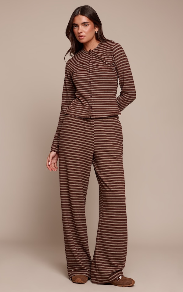Dark Brown Soft Fleece Striped Straight Leg Pants