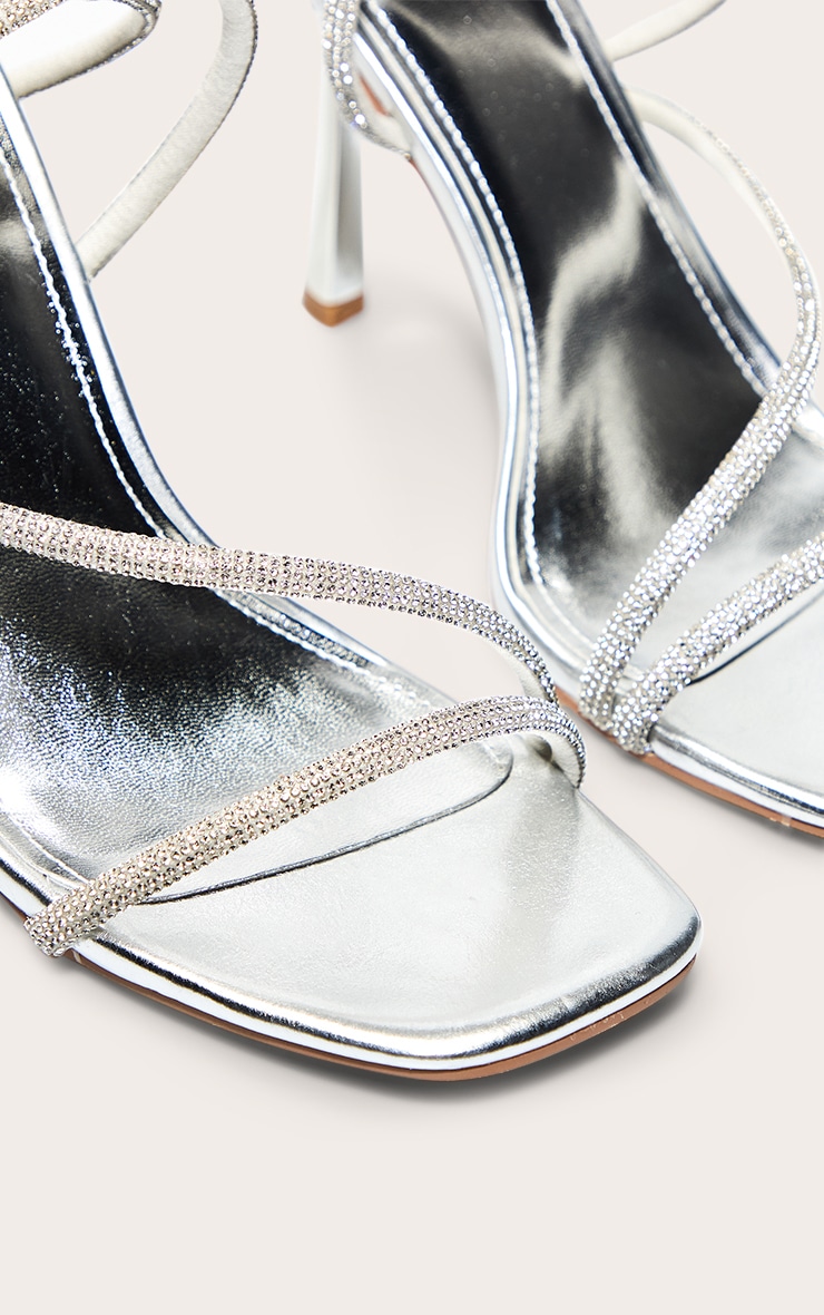 Silver PU Square Toe Diamante Asymmetric Strap High Heels image 5