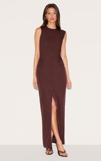 Deep Chocolate Woven Button Maxi Dress