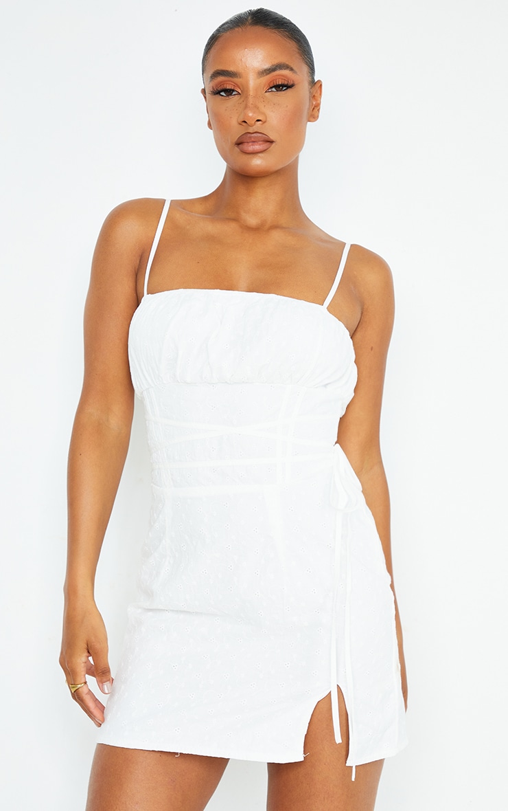 White Broderie Anglaise Binding Wrap Detail Shift Dress image 2