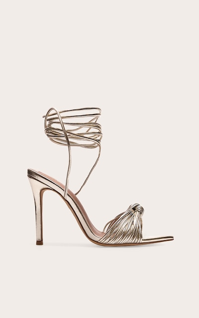 Gold Metallic Pu Point Toe Knotted Strappy High Heeled Sandals