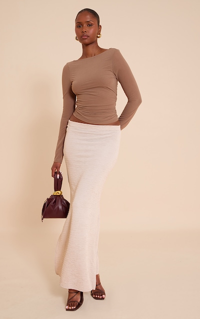 Jupe longue en jersey texturé beige à taille mi-haute